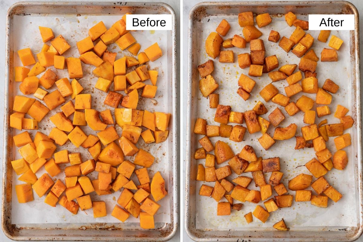 2 image collage of diced butternut squash before and after roasting.