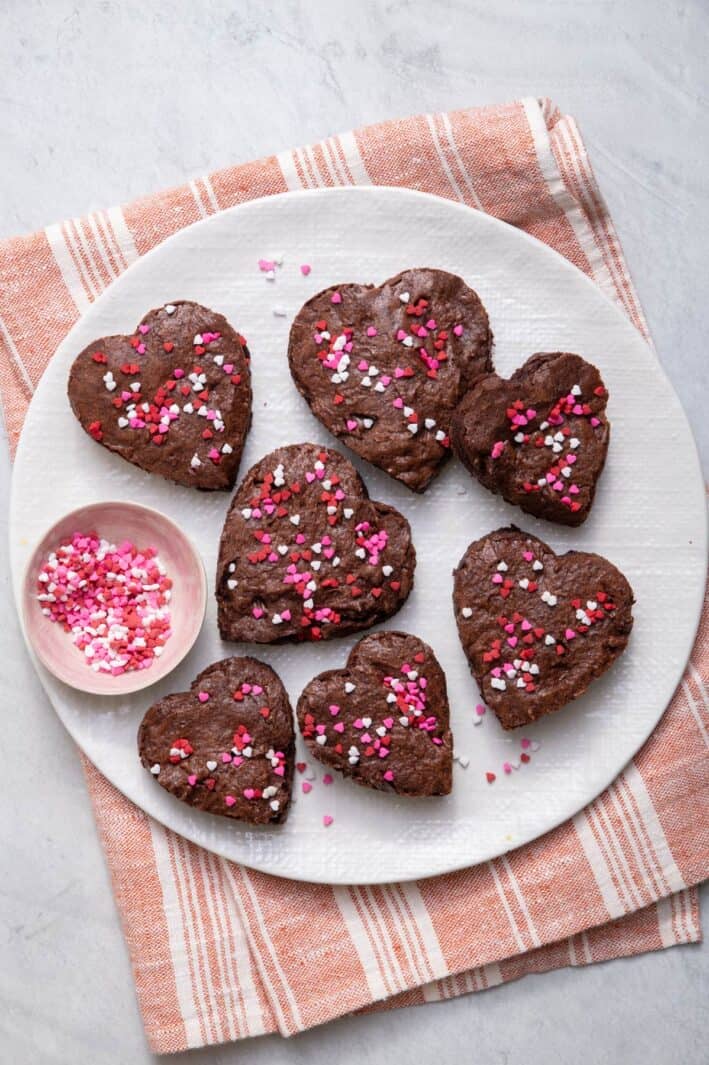 Plate of heart shaped fudgy brownies for Valentine's Day